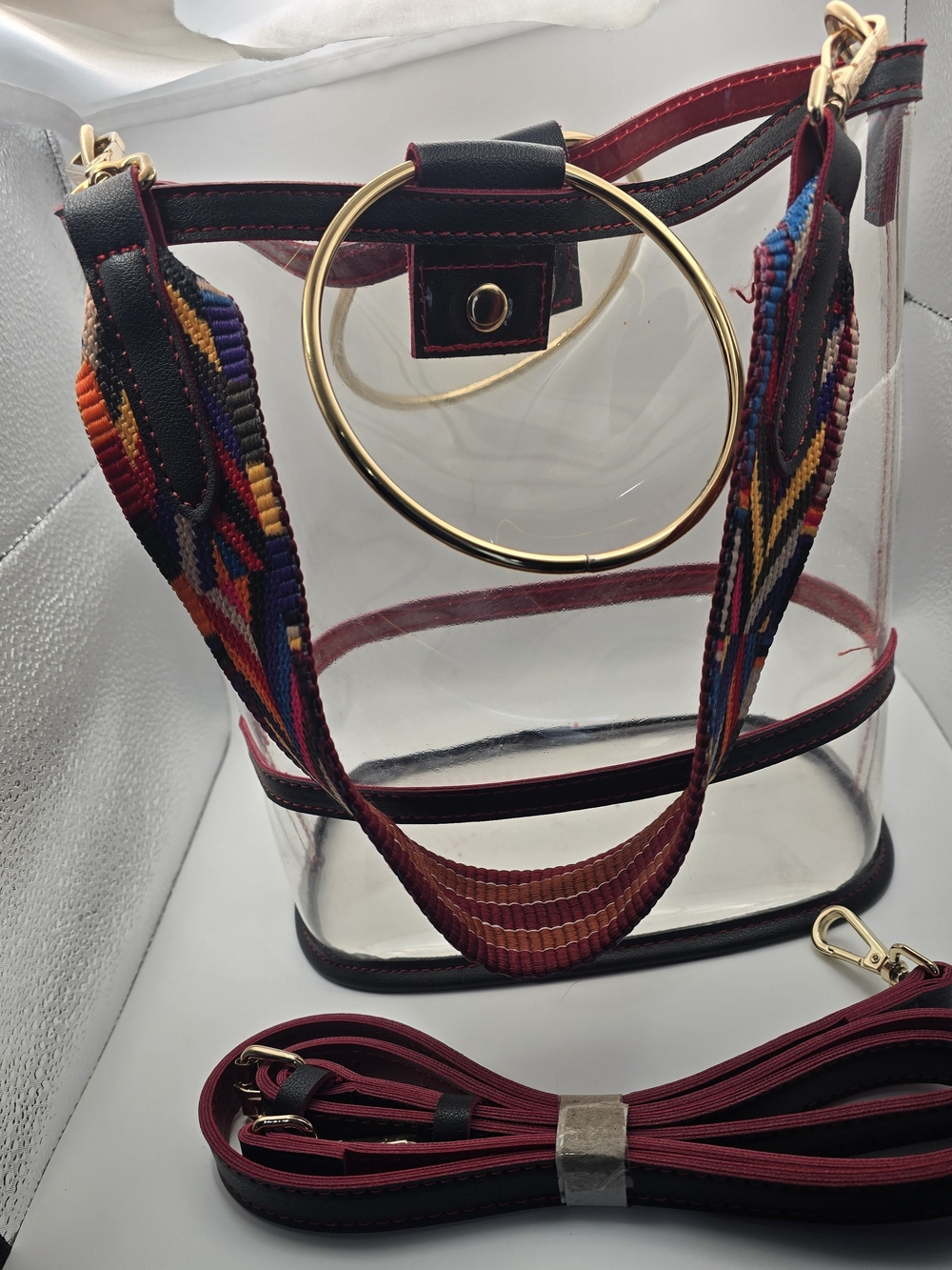 Clear Tote Bag with Burgundy Trim and Gold Ring Accent